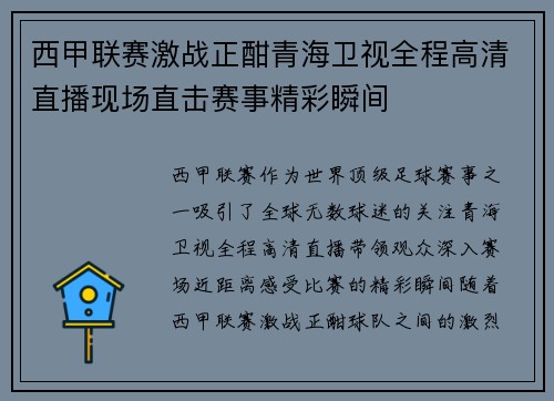 西甲联赛激战正酣青海卫视全程高清直播现场直击赛事精彩瞬间
