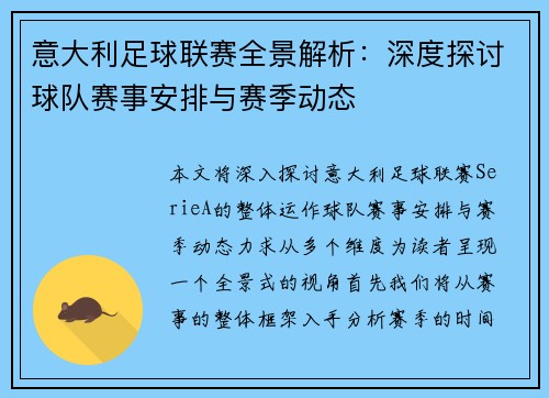 意大利足球联赛全景解析：深度探讨球队赛事安排与赛季动态