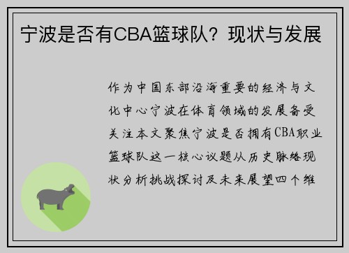 宁波是否有CBA篮球队？现状与发展