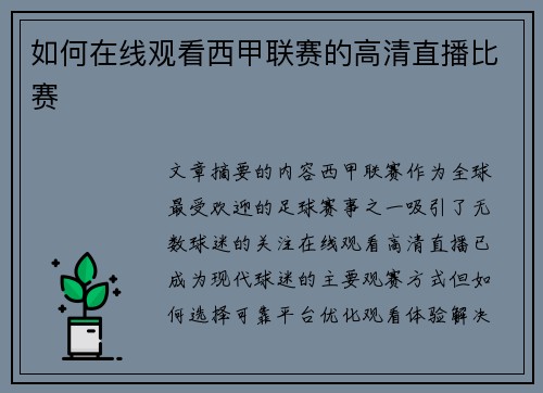 如何在线观看西甲联赛的高清直播比赛