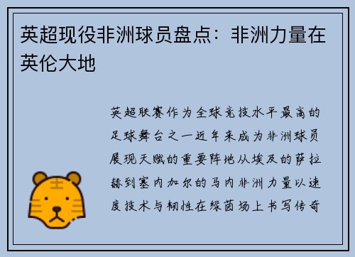 英超现役非洲球员盘点：非洲力量在英伦大地