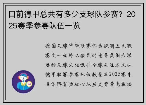 目前德甲总共有多少支球队参赛？2025赛季参赛队伍一览